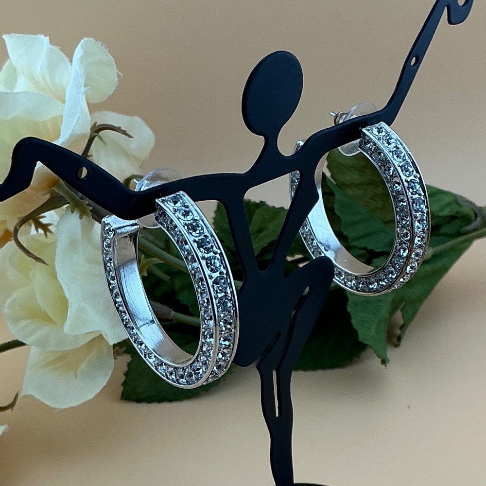 Silver Rhinestone Post Hoop Earrings